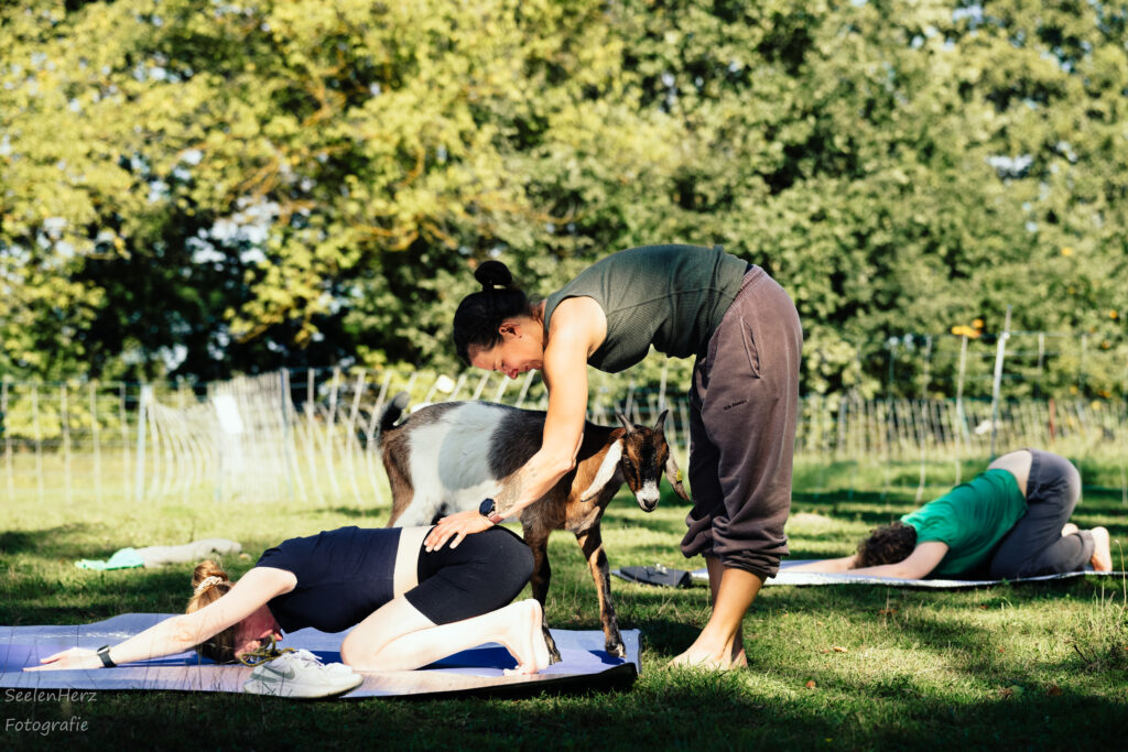 Eine Frau macht Yoga und eine Yoga Lehrerin unterstützt sie dabei